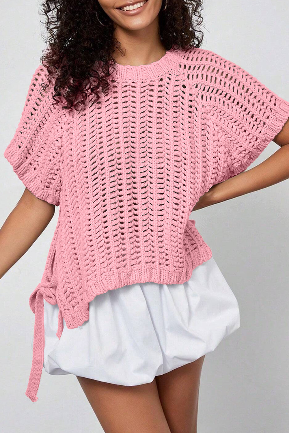 Ashleigh Blue Plus Size Open Knit Bow Tie Short Sleeve Sweater