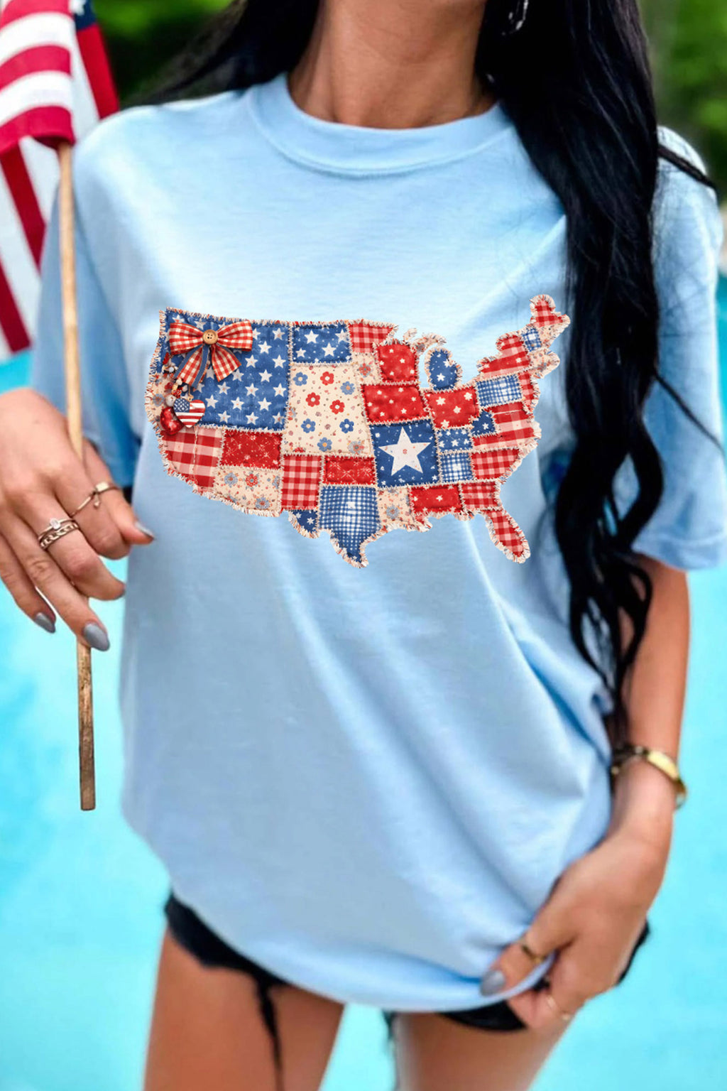 Light Blue Faux Patchwork Print American Patriotic Graphic Tee