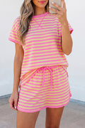 Pink Stripe Relaxed Short Sleeve Top Elastic Waist Drawstring Skort 2pcs Set