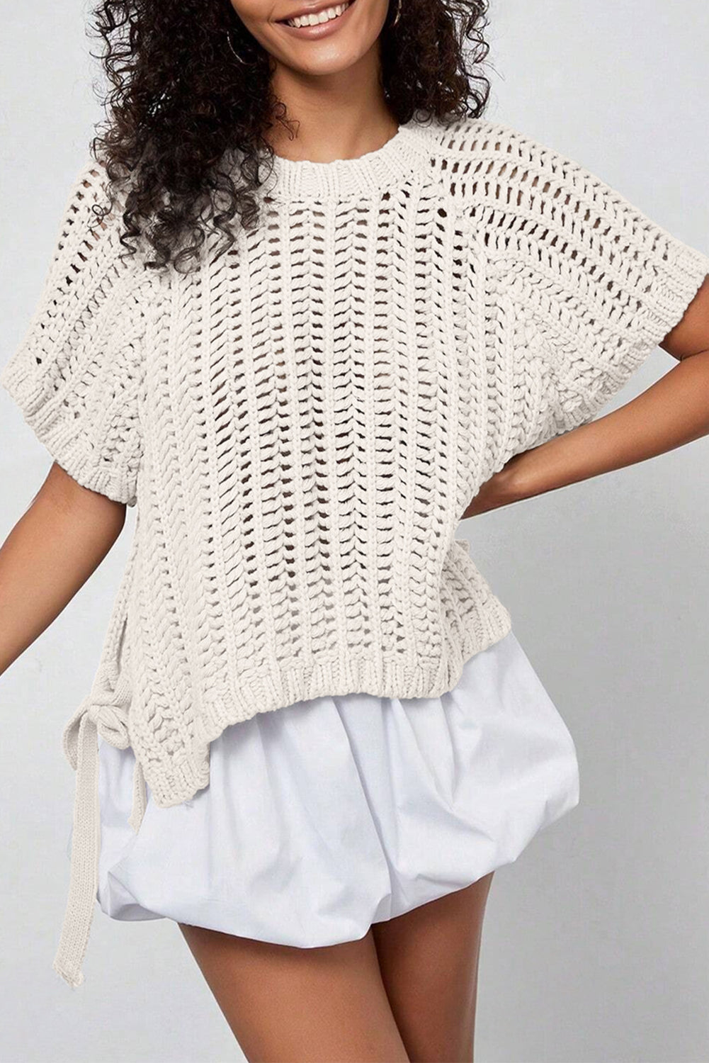 Ashleigh Blue Plus Size Open Knit Bow Tie Short Sleeve Sweater