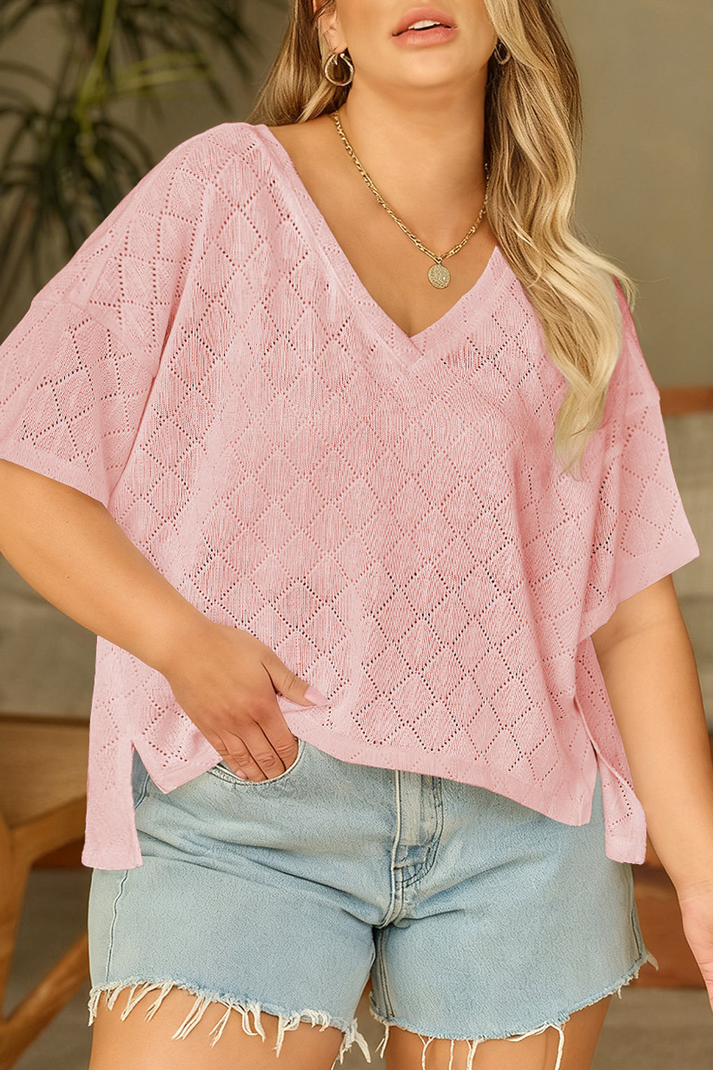 Sky Blue Pointelle Rhombus Knit Plus Size V Neck Loose Top