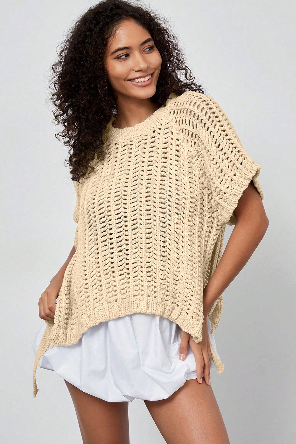 Ashleigh Blue Plus Size Open Knit Bow Tie Short Sleeve Sweater