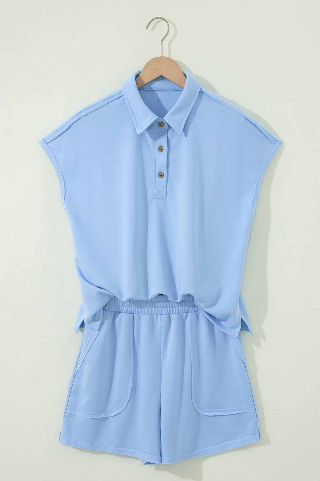 Yellow Cream Loose Polo Tee Elastic Waist 2pcs Short Set