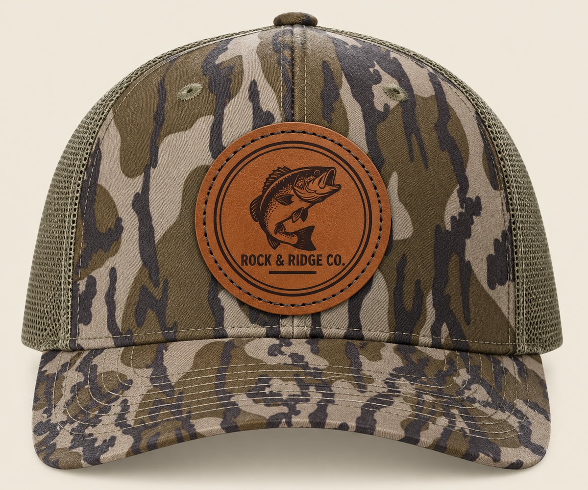 Rock & Ridge Co. Bass Fishing Camo Trucker Hat - leather patch detail