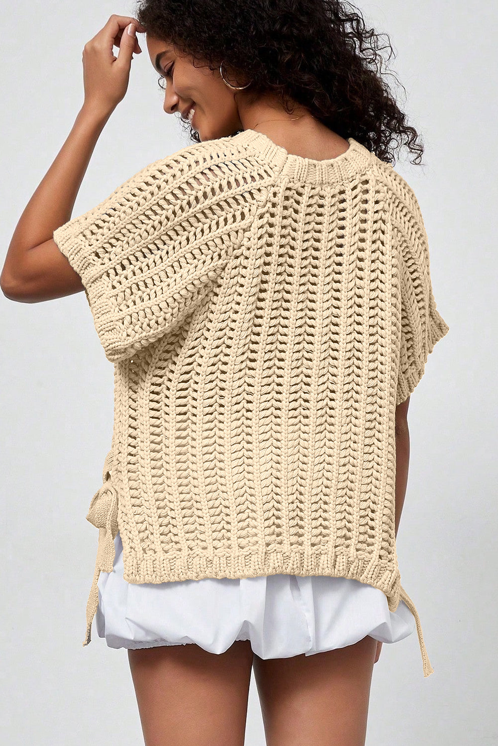 Ashleigh Blue Plus Size Open Knit Bow Tie Short Sleeve Sweater