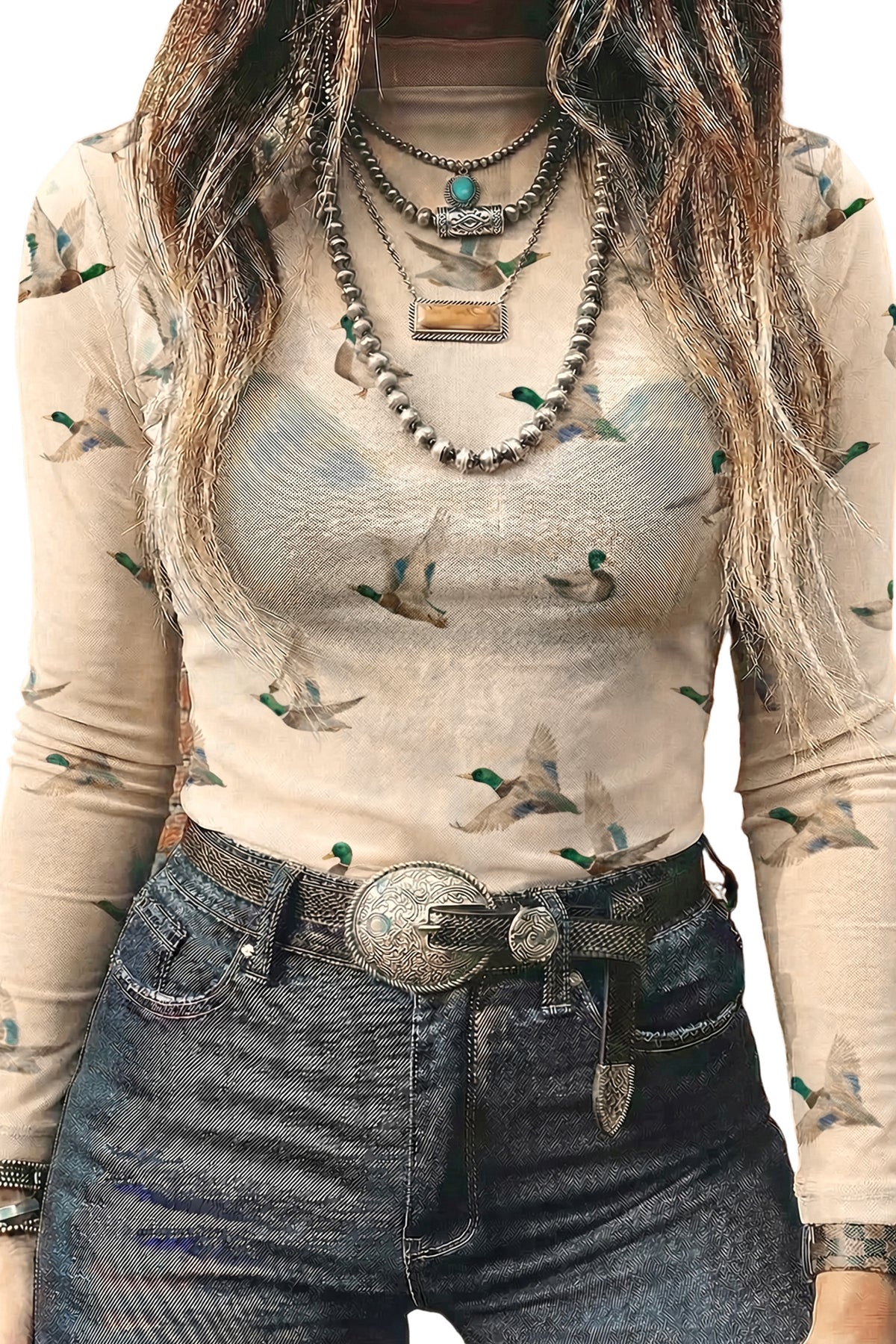 Beige High Neck Western Print Mesh Sheer Long Sleeve Top