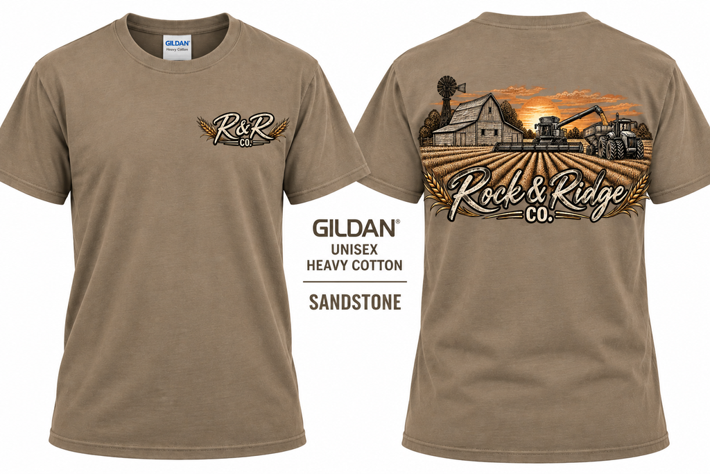Rock & Ridge Co. Farm Tee - Gildan Sandstone front and back