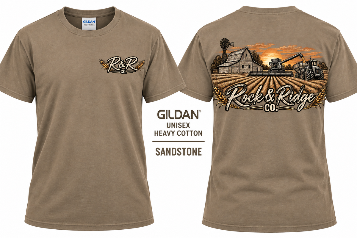 Rock & Ridge Co. Farm Tee - Gildan Sandstone front and back