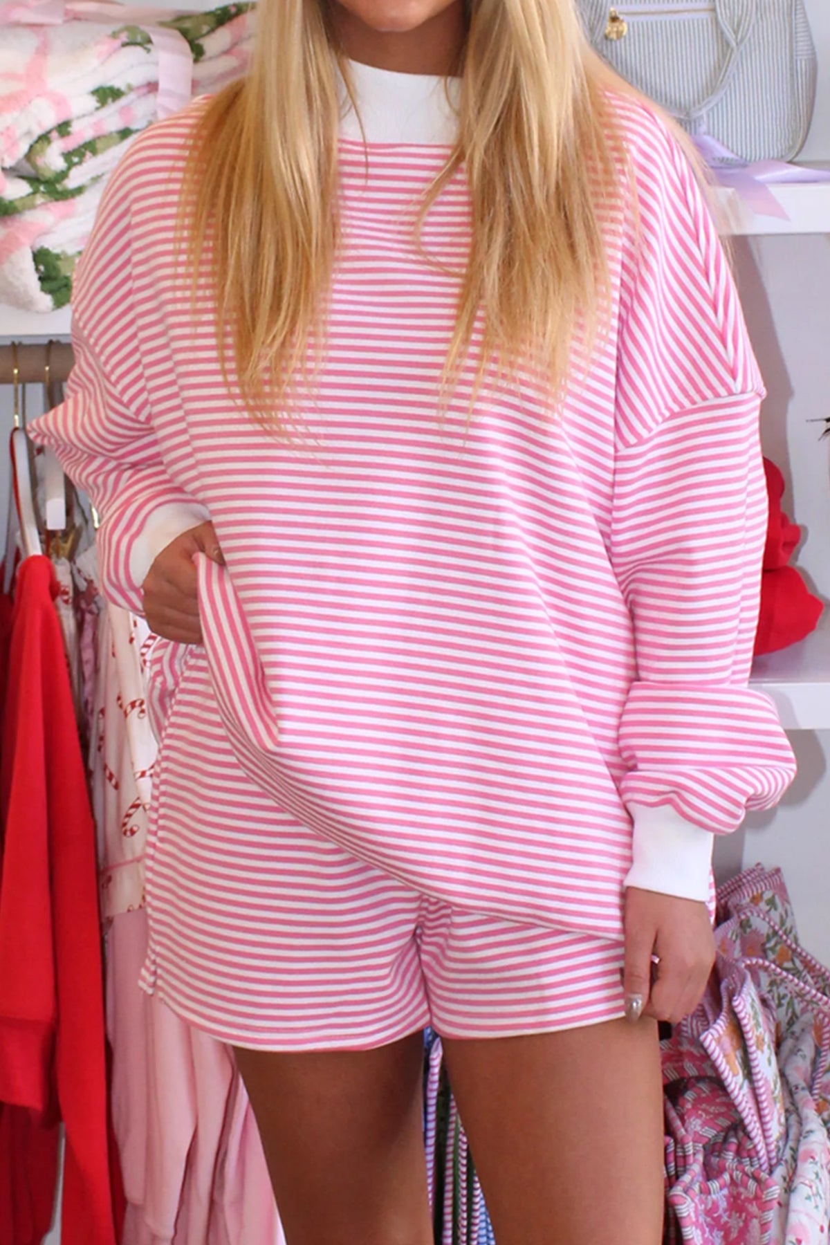 Pink Stripe Oversize Mock Neck Sweatshirt and Shorts Set