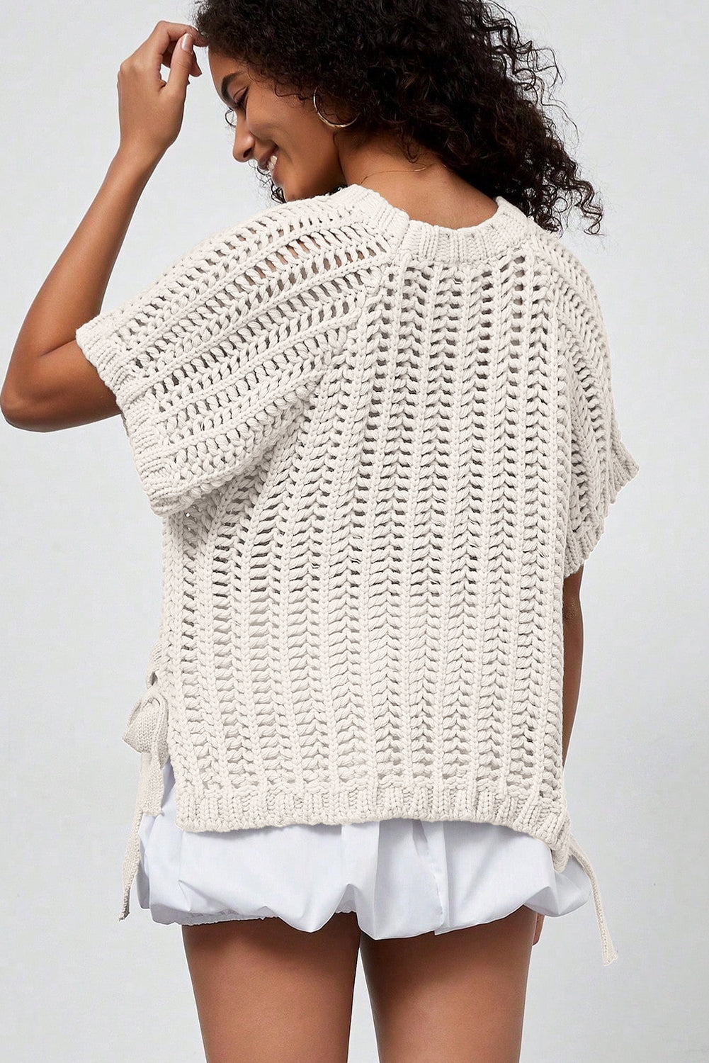 Ashleigh Blue Plus Size Open Knit Bow Tie Short Sleeve Sweater