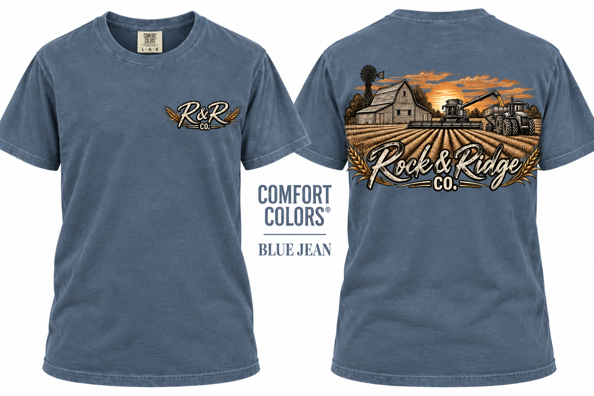 Rock & Ridge Co. Farm Tee - Comfort Colors Blue Jean front and back