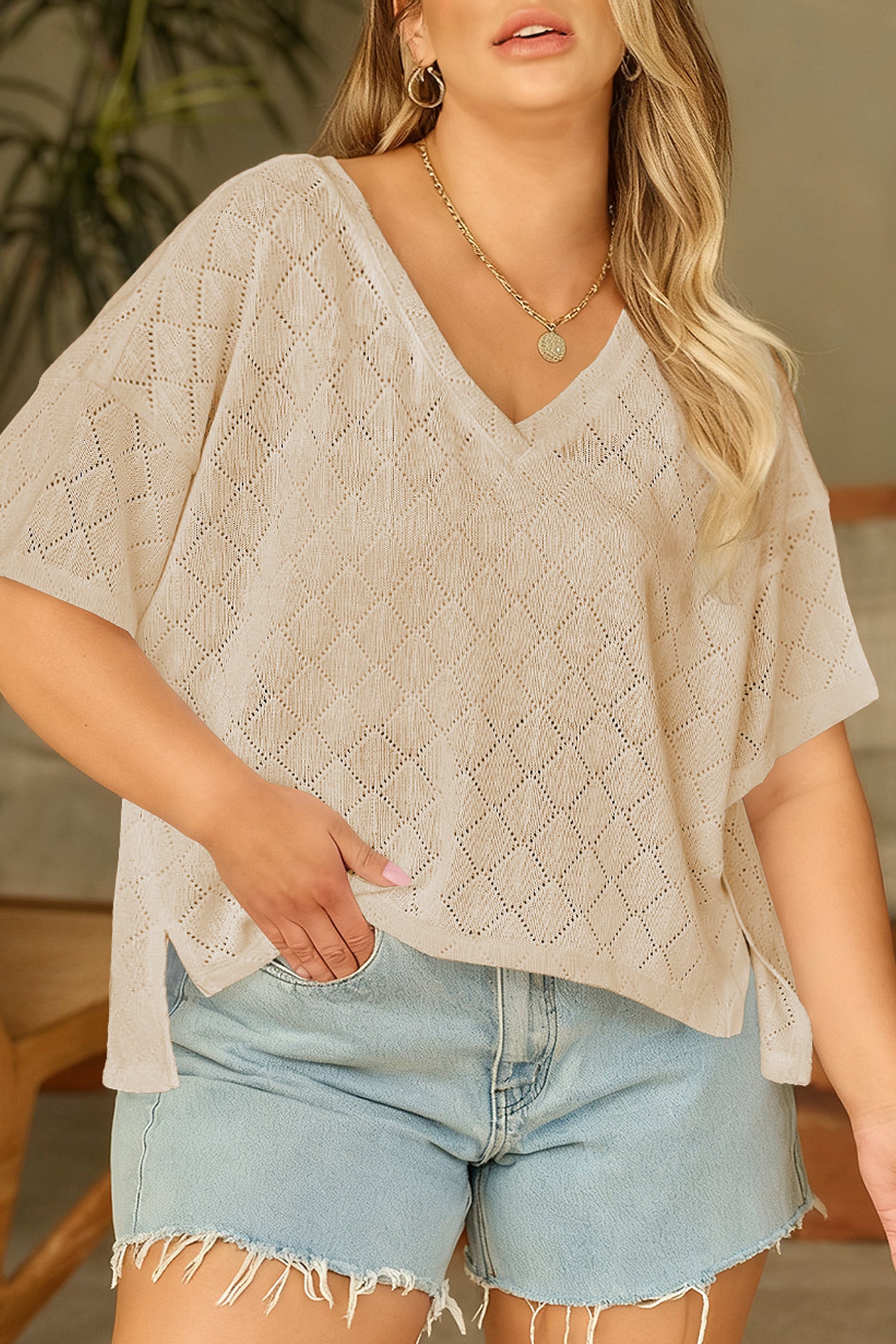 Sky Blue Pointelle Rhombus Knit Plus Size V Neck Loose Top