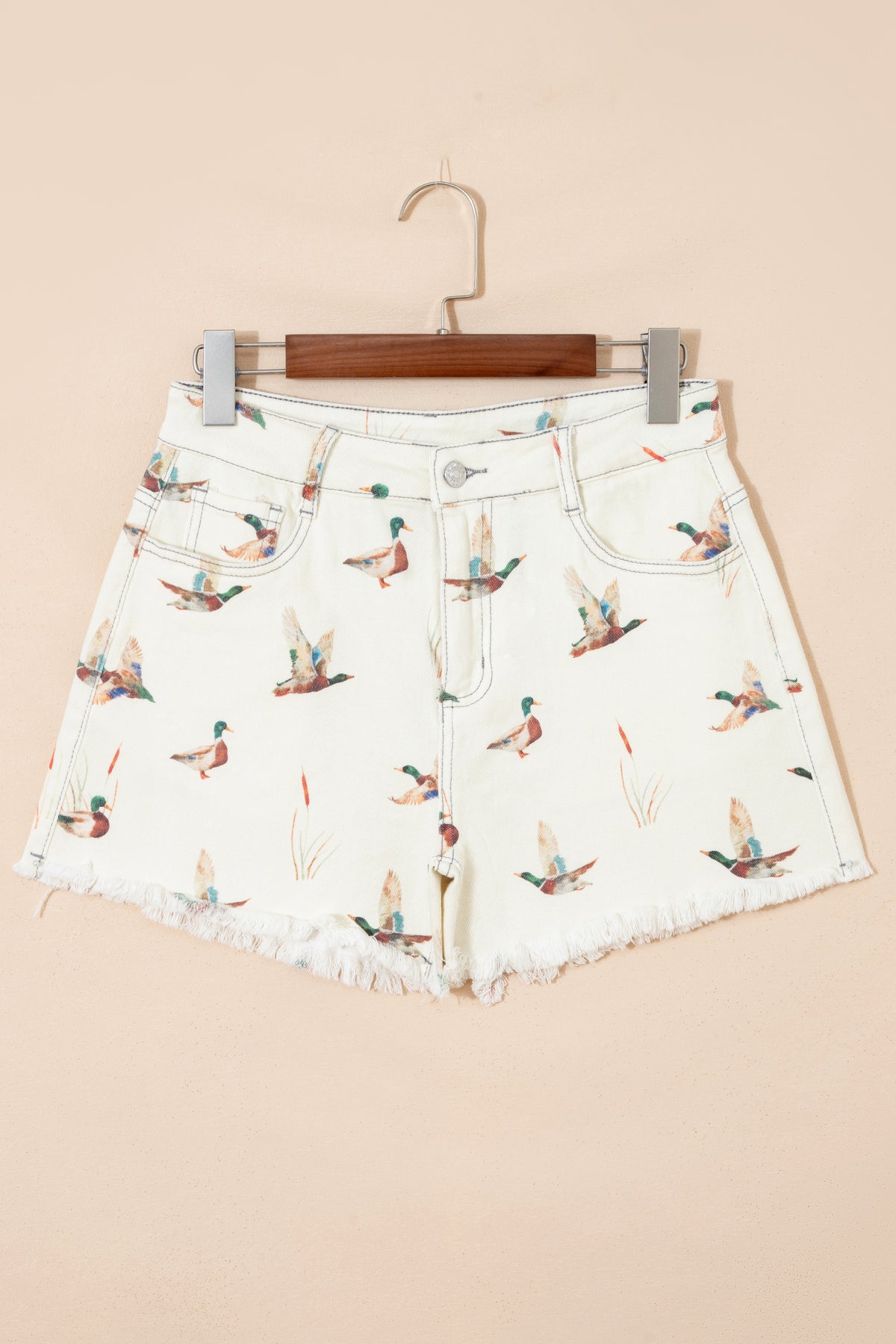 Beige Wild Duck Mallard High Waist Frayed Denim Shorts