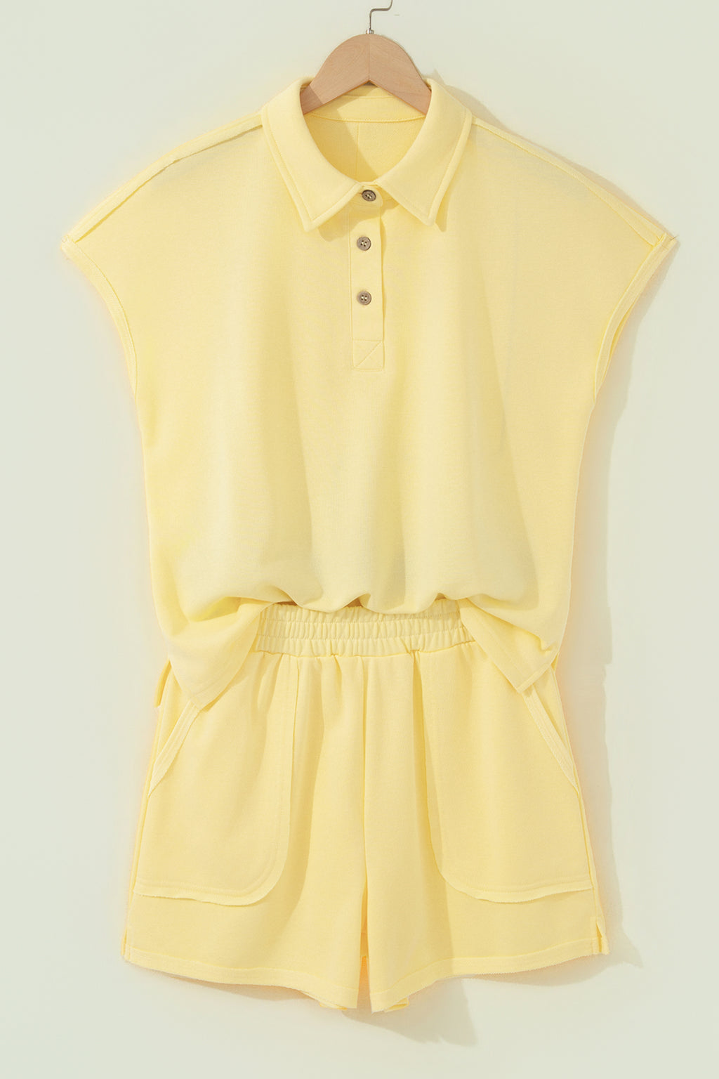 Yellow Cream Loose Polo Tee Elastic Waist 2pcs Short Set