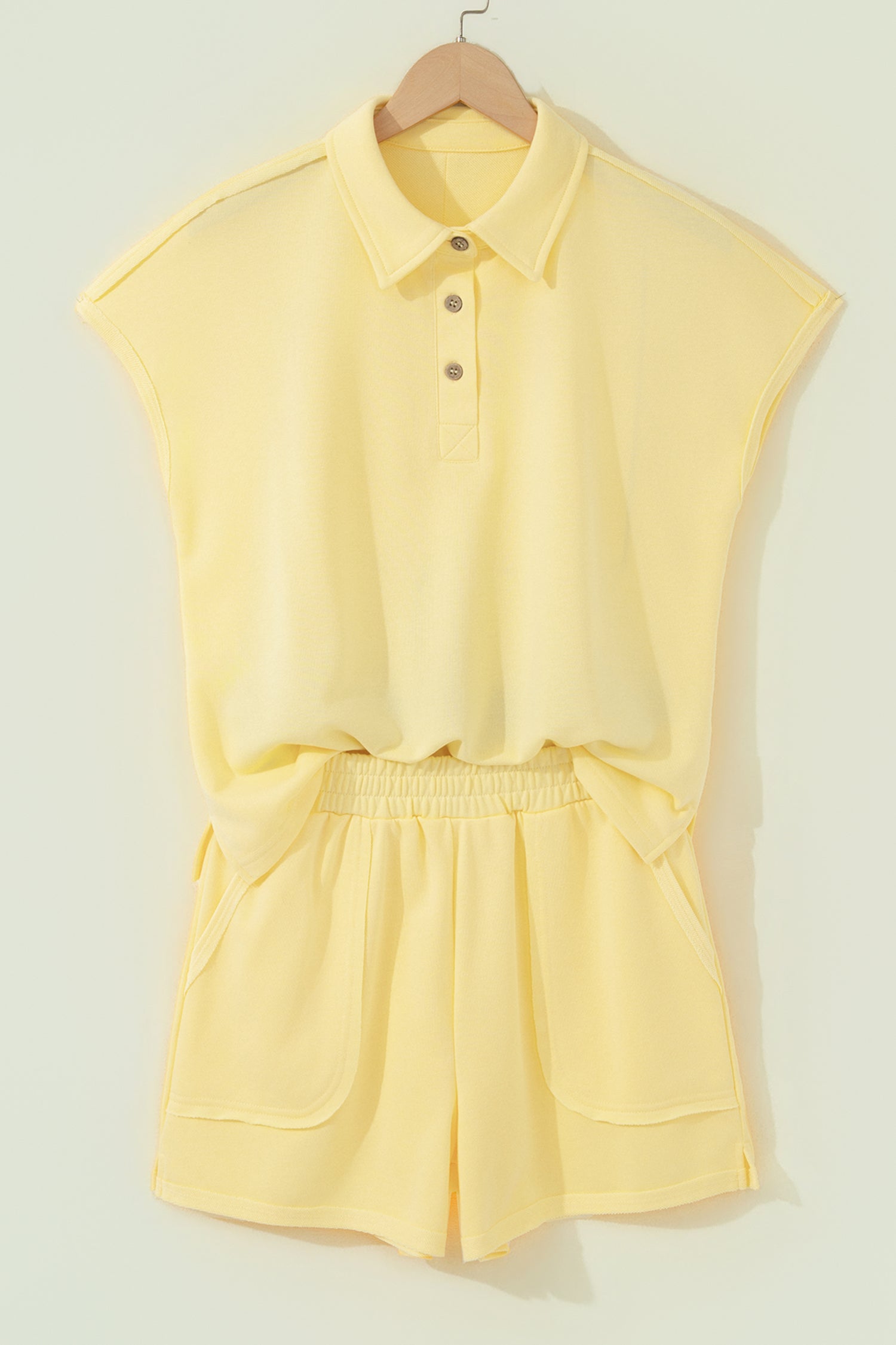 Yellow Cream Loose Polo Tee Elastic Waist 2pcs Short Set