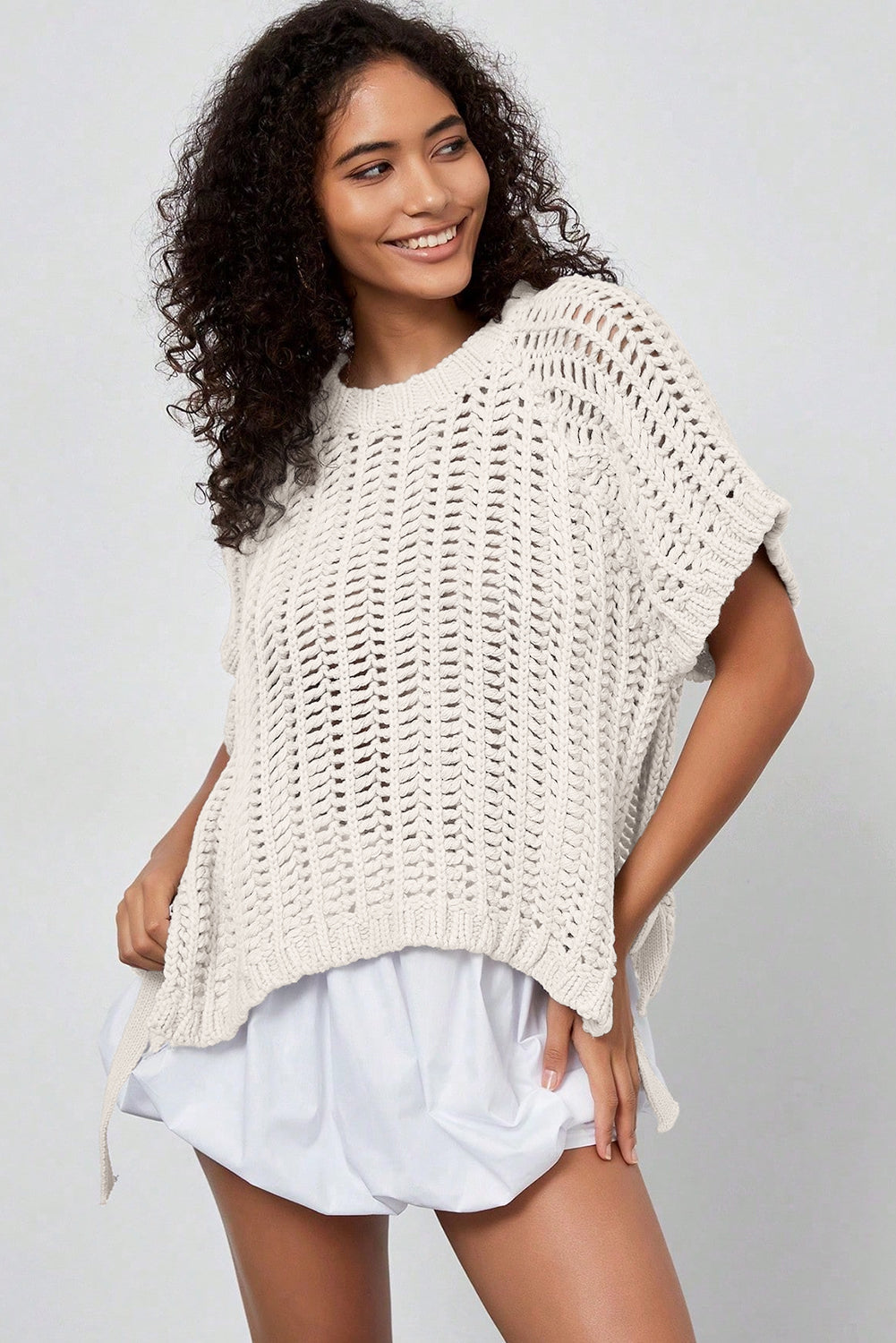Ashleigh Blue Plus Size Open Knit Bow Tie Short Sleeve Sweater