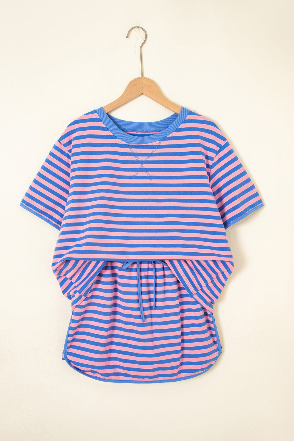 Pink Stripe Relaxed Short Sleeve Top Elastic Waist Drawstring Skort 2pcs Set