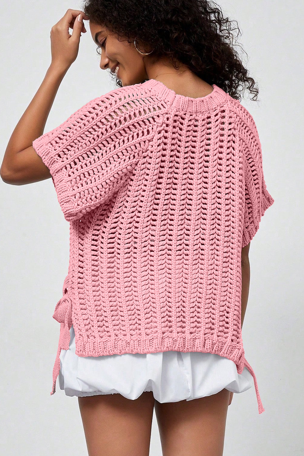 Ashleigh Blue Plus Size Open Knit Bow Tie Short Sleeve Sweater