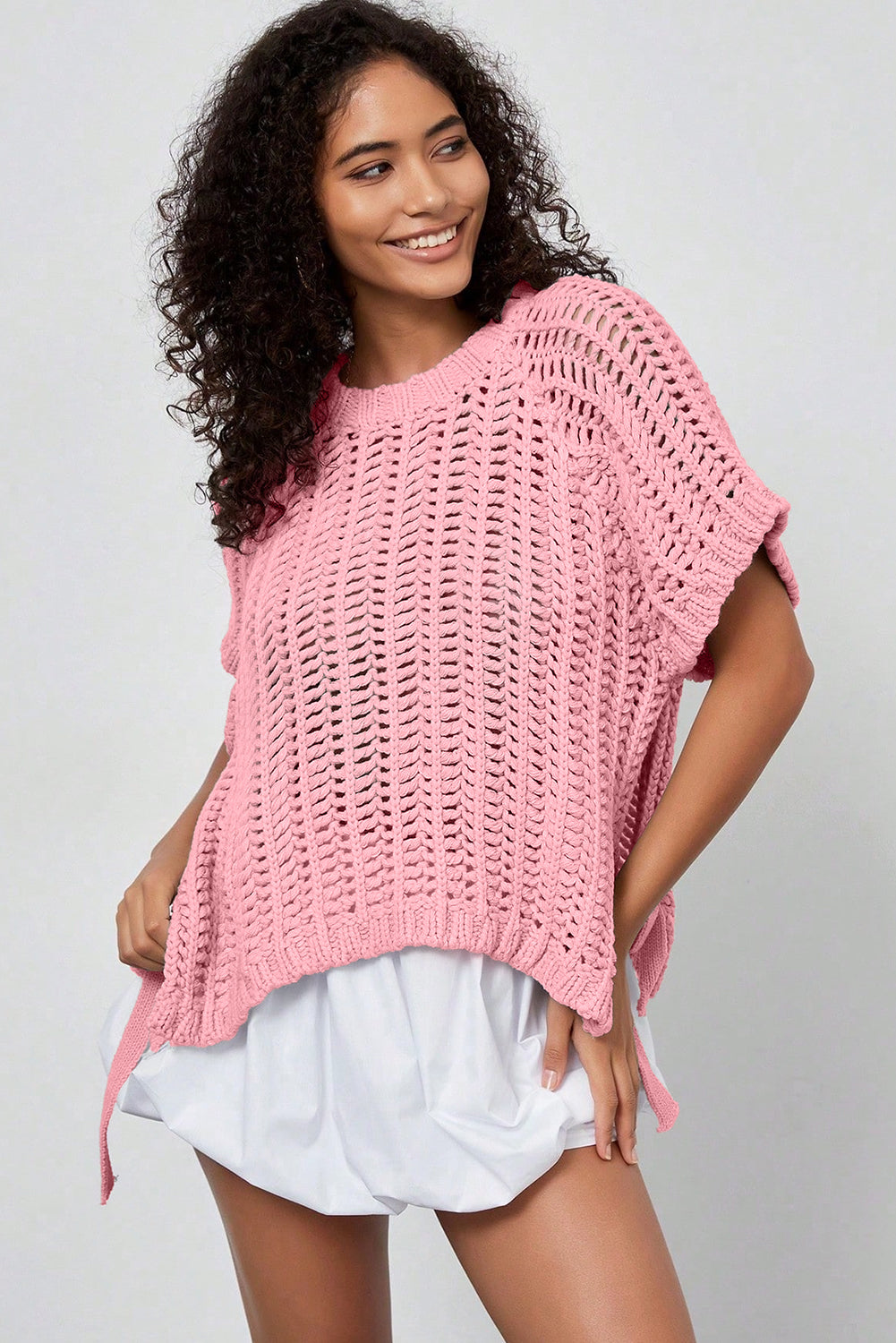 Ashleigh Blue Plus Size Open Knit Bow Tie Short Sleeve Sweater