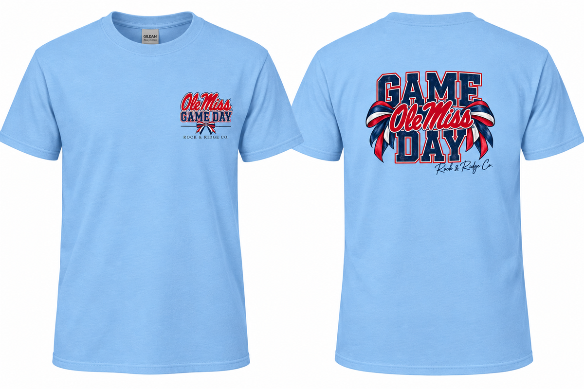 Rock & Ridge Co. Ole Miss Game Day Tee in Light Blue - front and back view