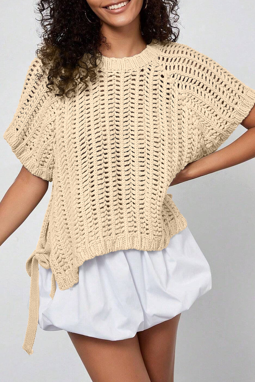 Ashleigh Blue Plus Size Open Knit Bow Tie Short Sleeve Sweater