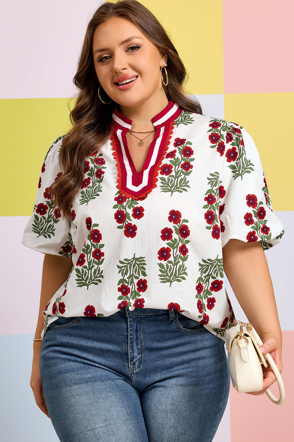 Black Plus Size Floral Print Ricrac Striped Trim Short Sleeve Cotton Blouse