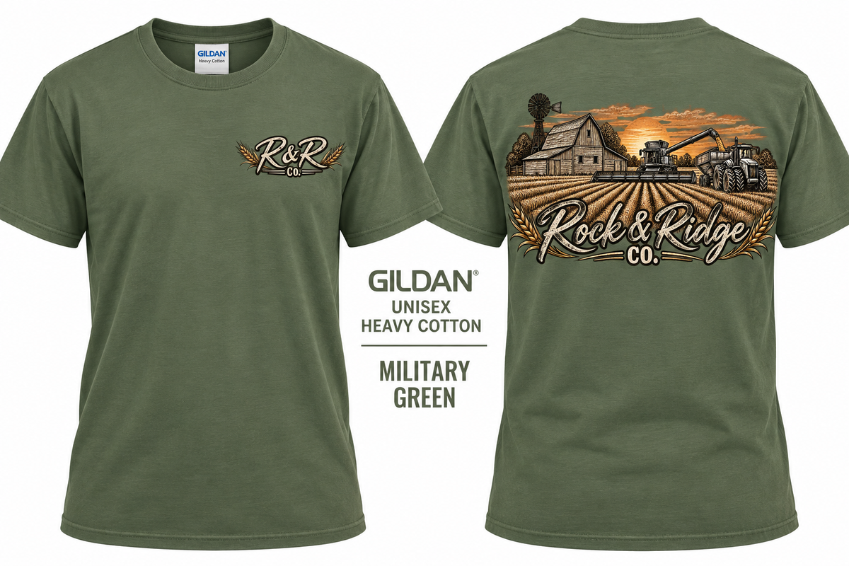 Rock & Ridge Co. Farm Tee - Gildan Military Green front and back