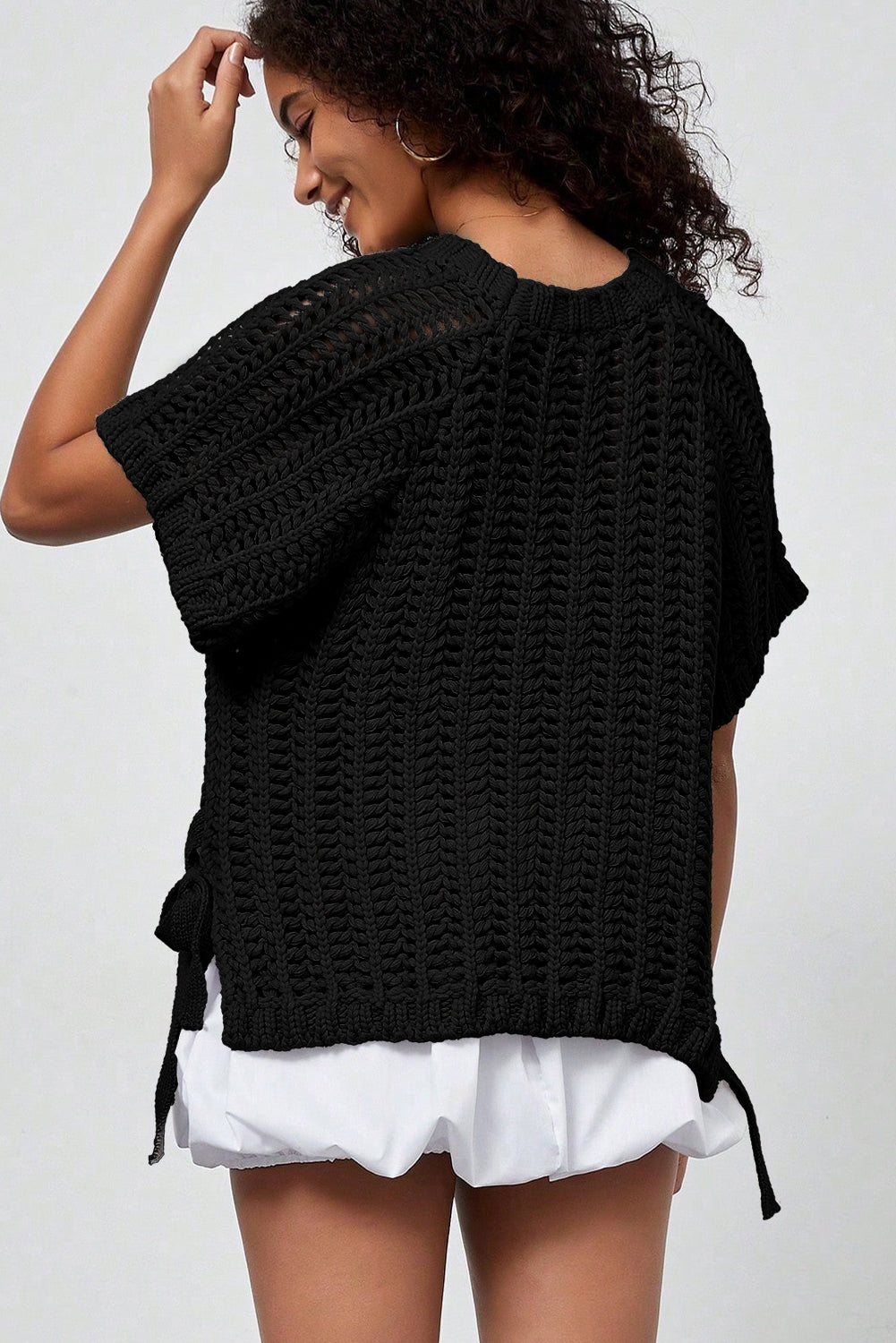 Ashleigh Blue Plus Size Open Knit Bow Tie Short Sleeve Sweater