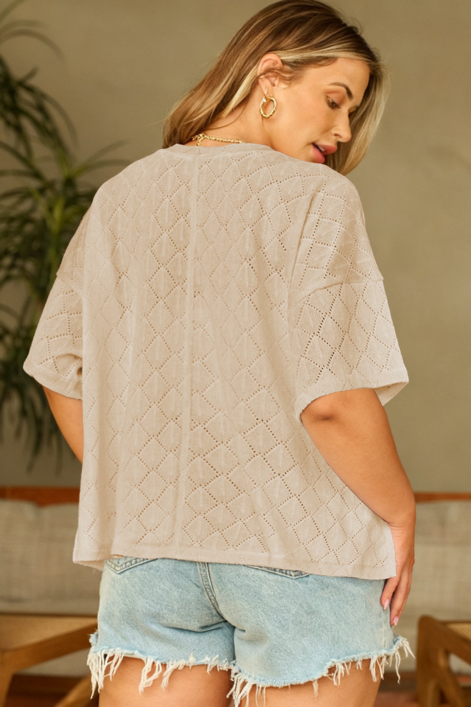 Sky Blue Pointelle Rhombus Knit Plus Size V Neck Loose Top