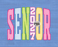 Senior 2027 colorful striped graphic tee design - pink blue green orange letters