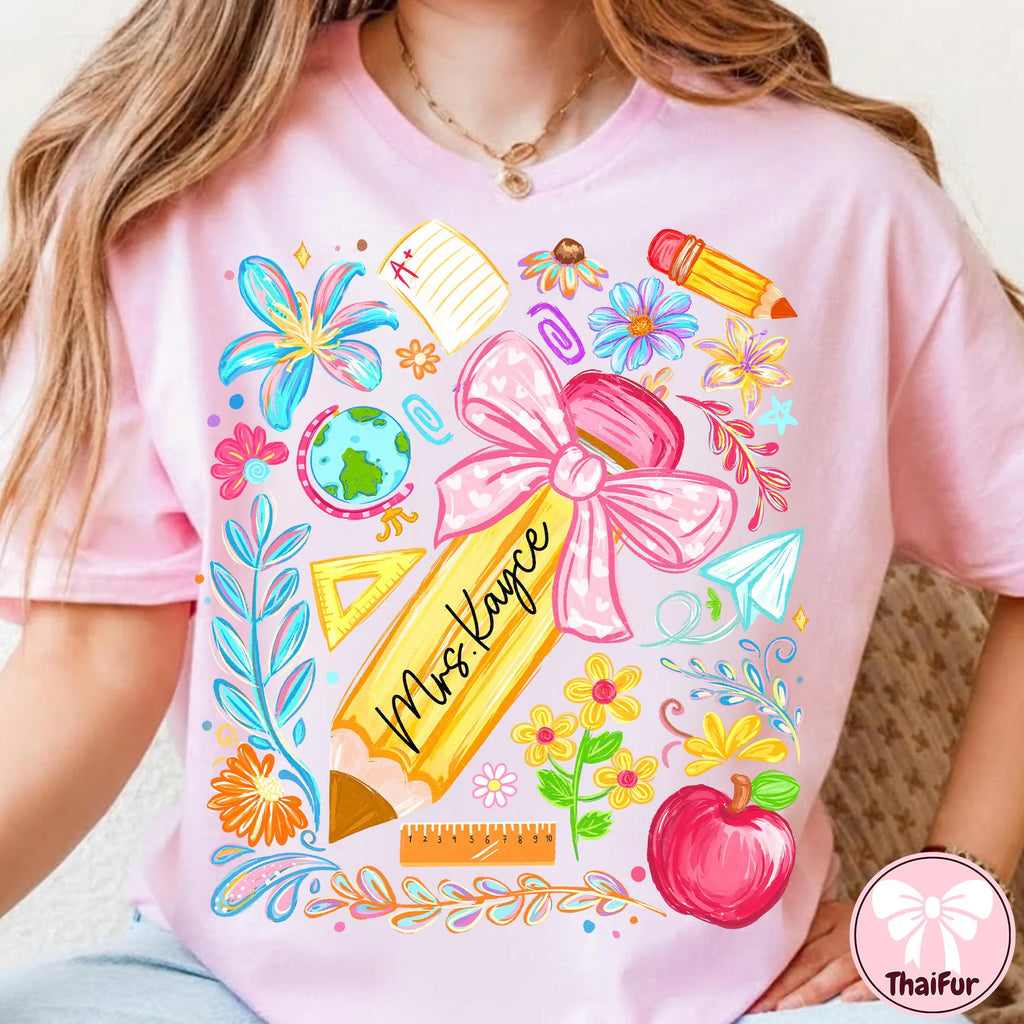 Personalized Teacher Comfort Color T-Shirt - Floral Pencil