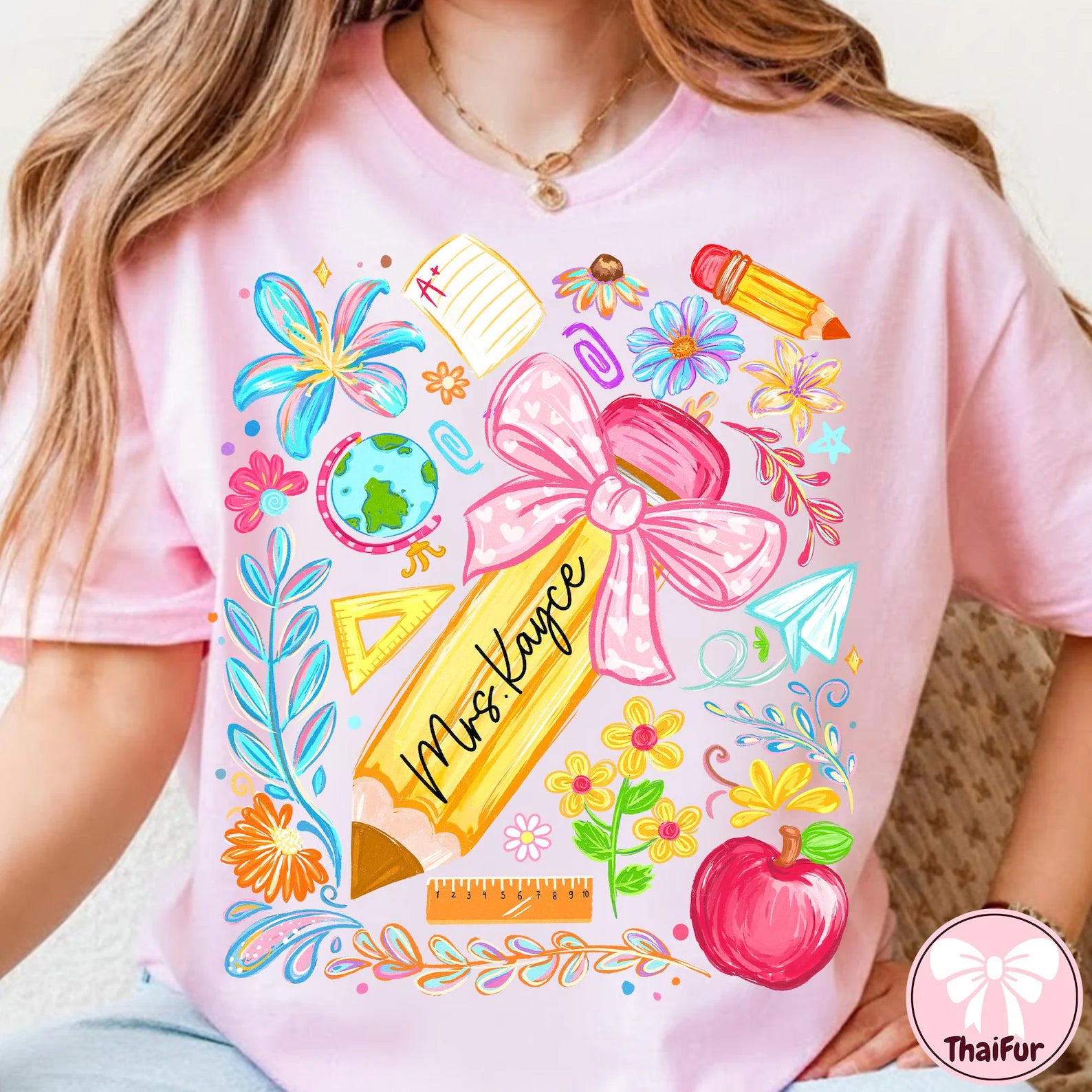 Personalized Teacher Comfort Color T-Shirt - Floral Pencil