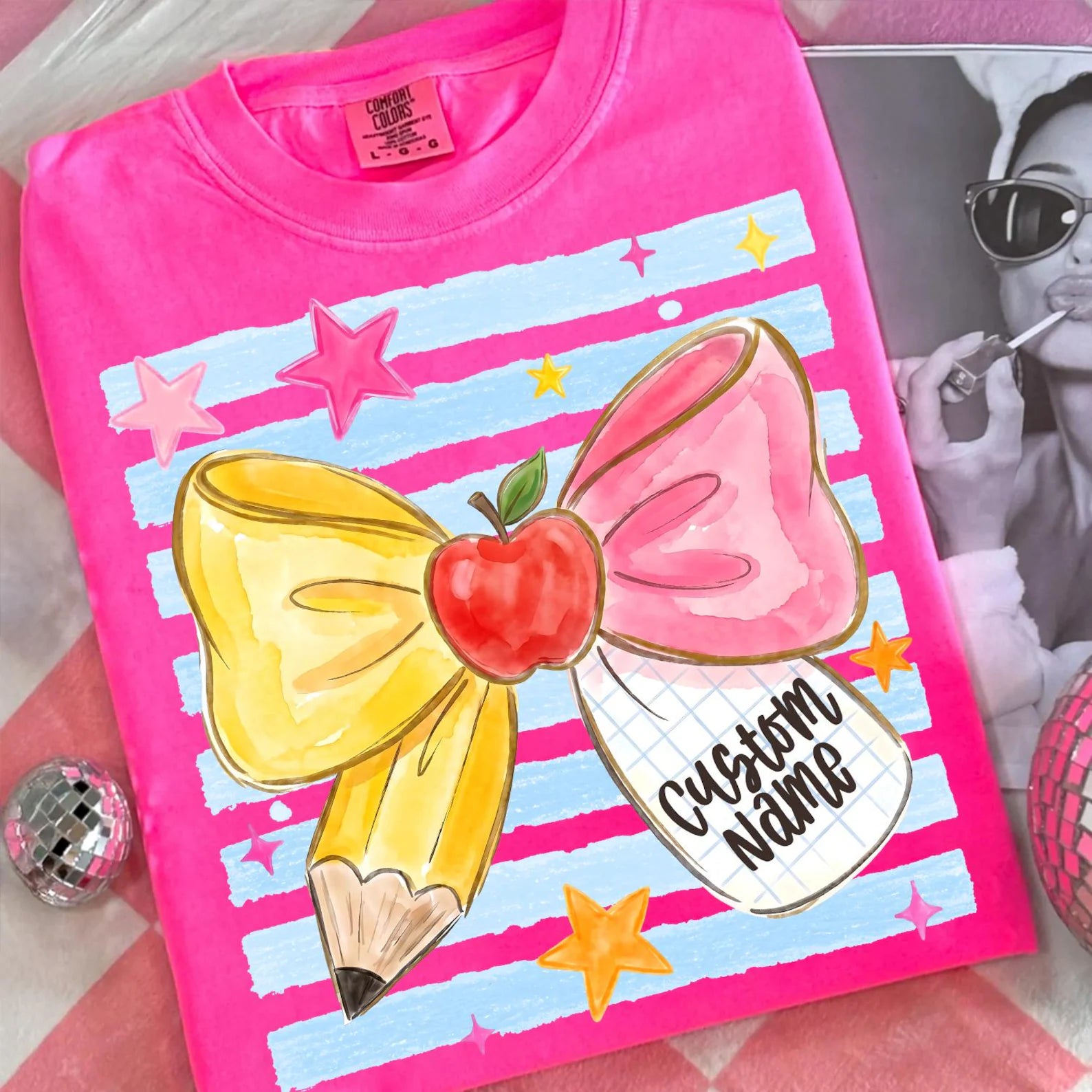 Personalized Teacher Comfort Color T-Shirt - Pencil Bow