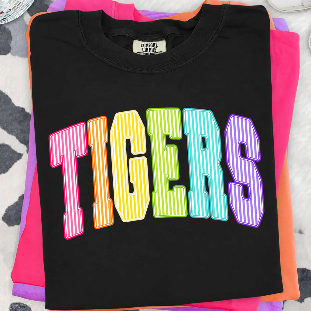 Tigers rainbow striped varsity letters graphic tee on black Comfort Colors