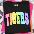 Tigers rainbow striped varsity letters graphic tee on black Comfort Colors