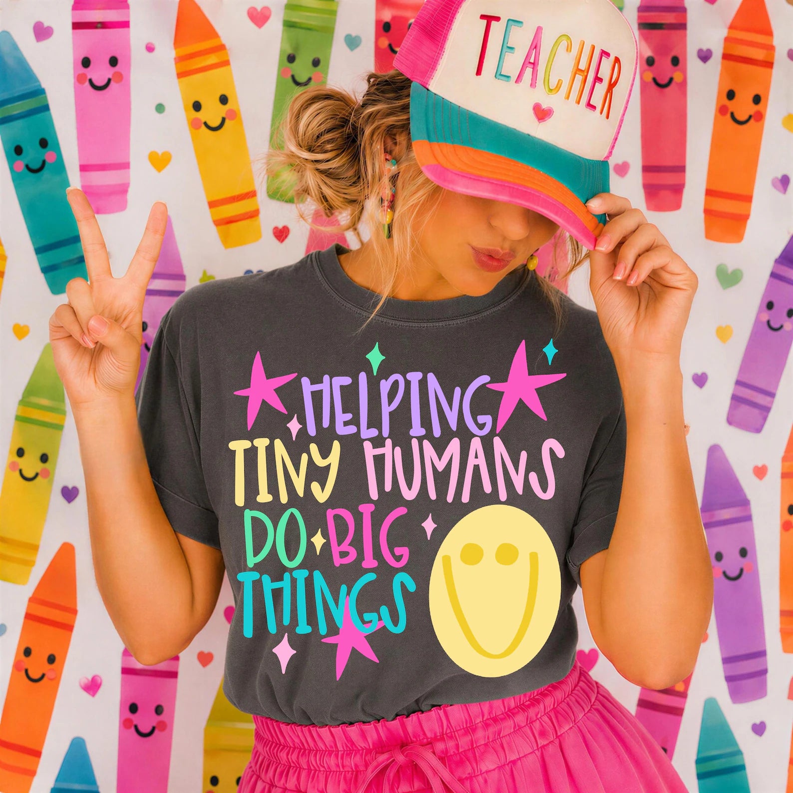 Helping Tiny Humans Do Big Things teacher tee on grey Comfort Colors