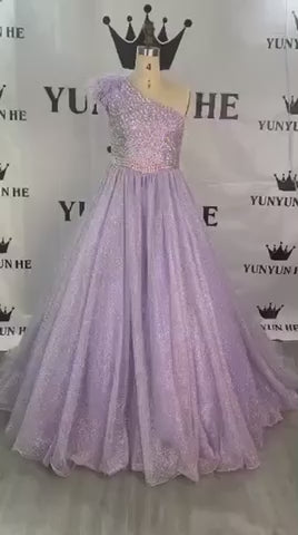 Lavender Sparkly One-Shoulder Pageant Dress Rental with Train - Youth Size 16