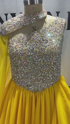 Bright Yellow Beaded Pageant Dress Rental with Train - Youth Size 16